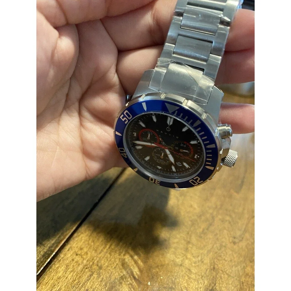 Nautis Men's Quartz Chronograph Date Watch Blue Rotating Bezel Black Dial